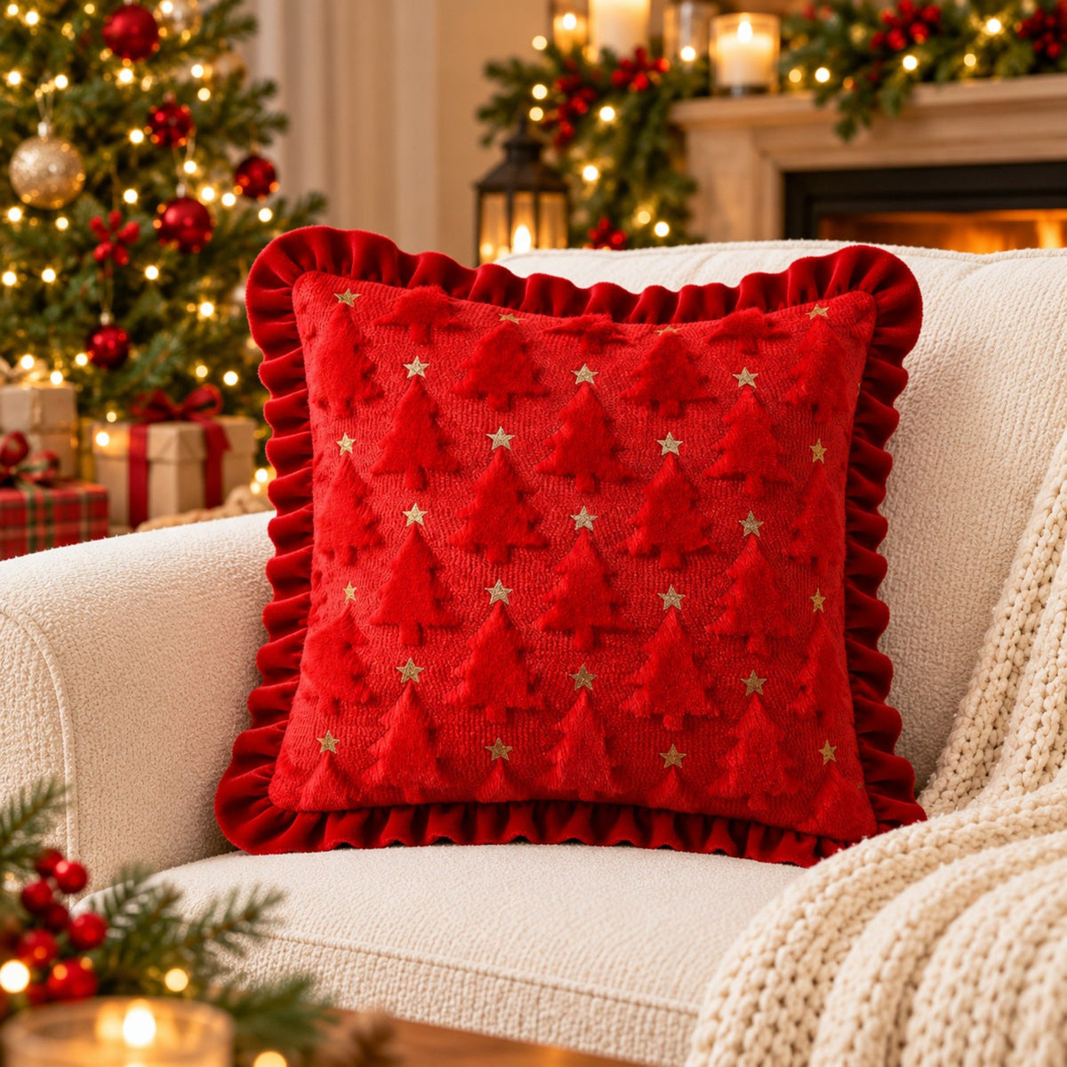 1 Piece Christmas Tree Throw Pillow Cover with Ruffle Trim Stars 18 x 18 Inch