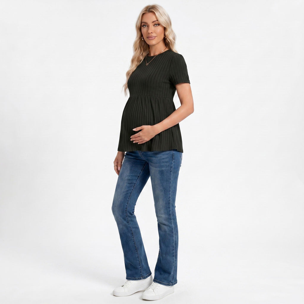 Anna-Kaci Women's Short Sleeve Rib Knit Peplum Maternity Top with Round Neck