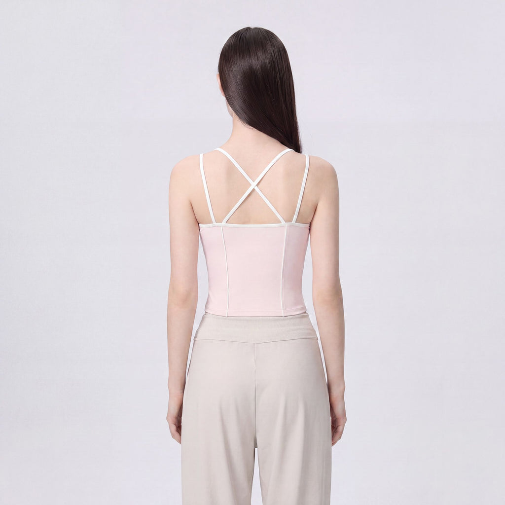 Contrast Trim Double Strap Cropped Cami Tank Top with Fitted Light Support Activewear Design