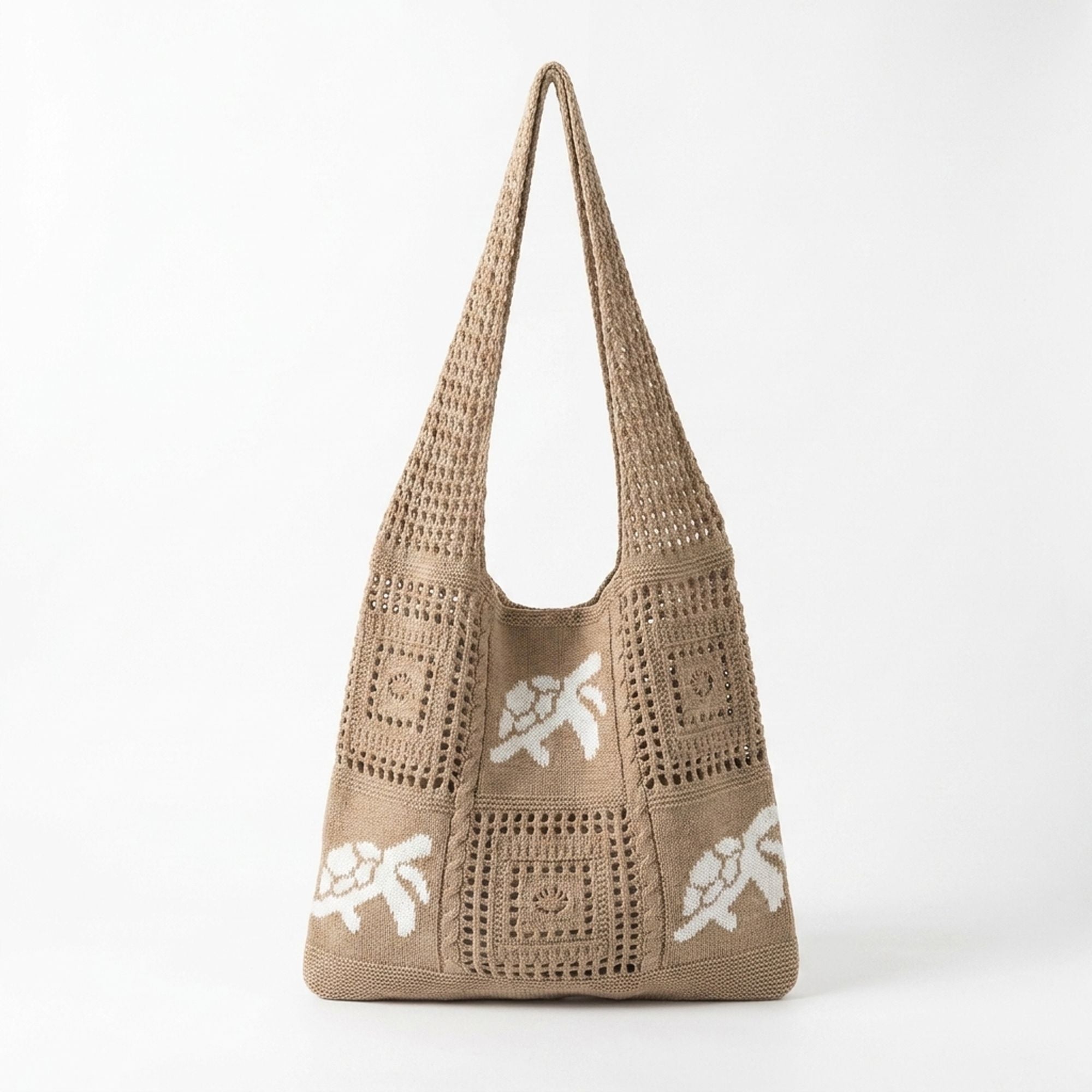 Knit Tote Bag Floral Pattern Shoulder Bag Open Top Casual Everyday Carry Handbag