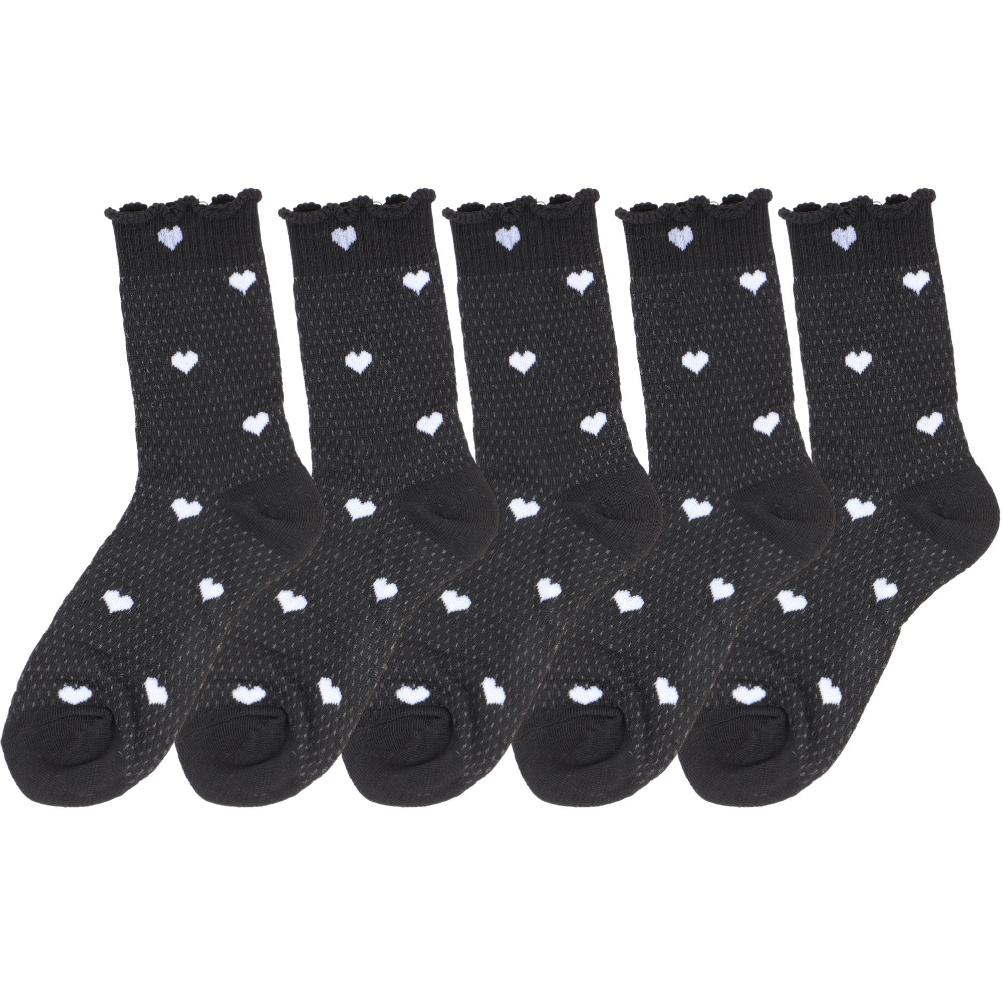 Anna-Kaci Women's 5-Pair Set Frilly Crew Socks with Valentine Heart Pattern and Ruffle Trim Breathable Knit Design for Flats or Loafers