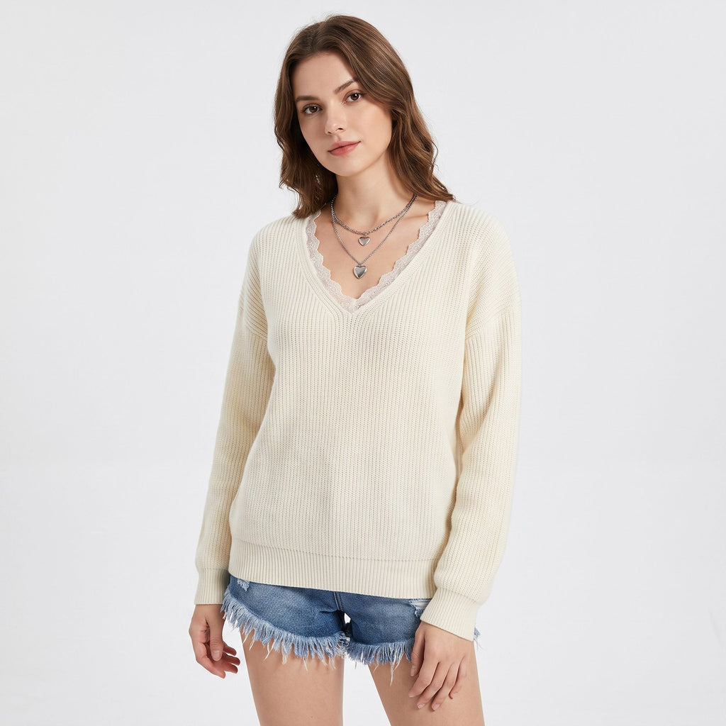 Lace Trim V Neck Long Sleeve Knit Pullover Sweater