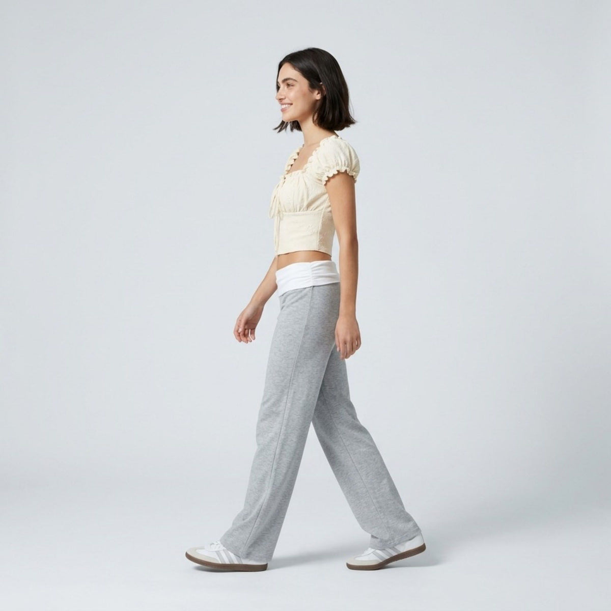 Contrast Foldover Waistband Full-Length Wide-Leg Trousers