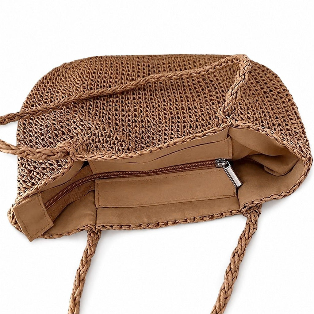 Soft Woven Shoulder Tote Bag with Zip Top and Double Shoulder Handles