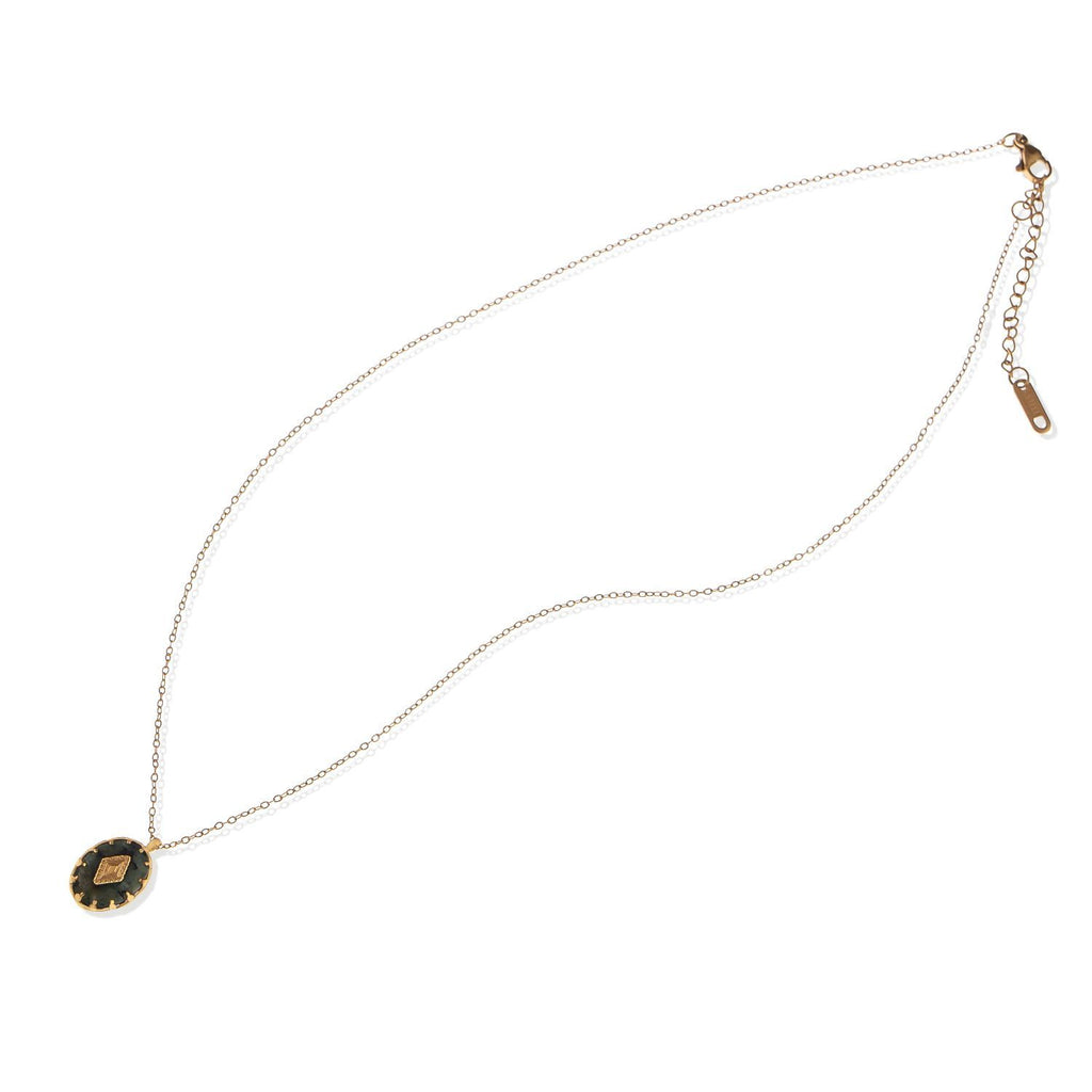 Women's Stainless Steel Fashion Necklace with 18K Gold Plated Pendant, Natural Green Stone Inlay, Adjustable Chain, Unique Design