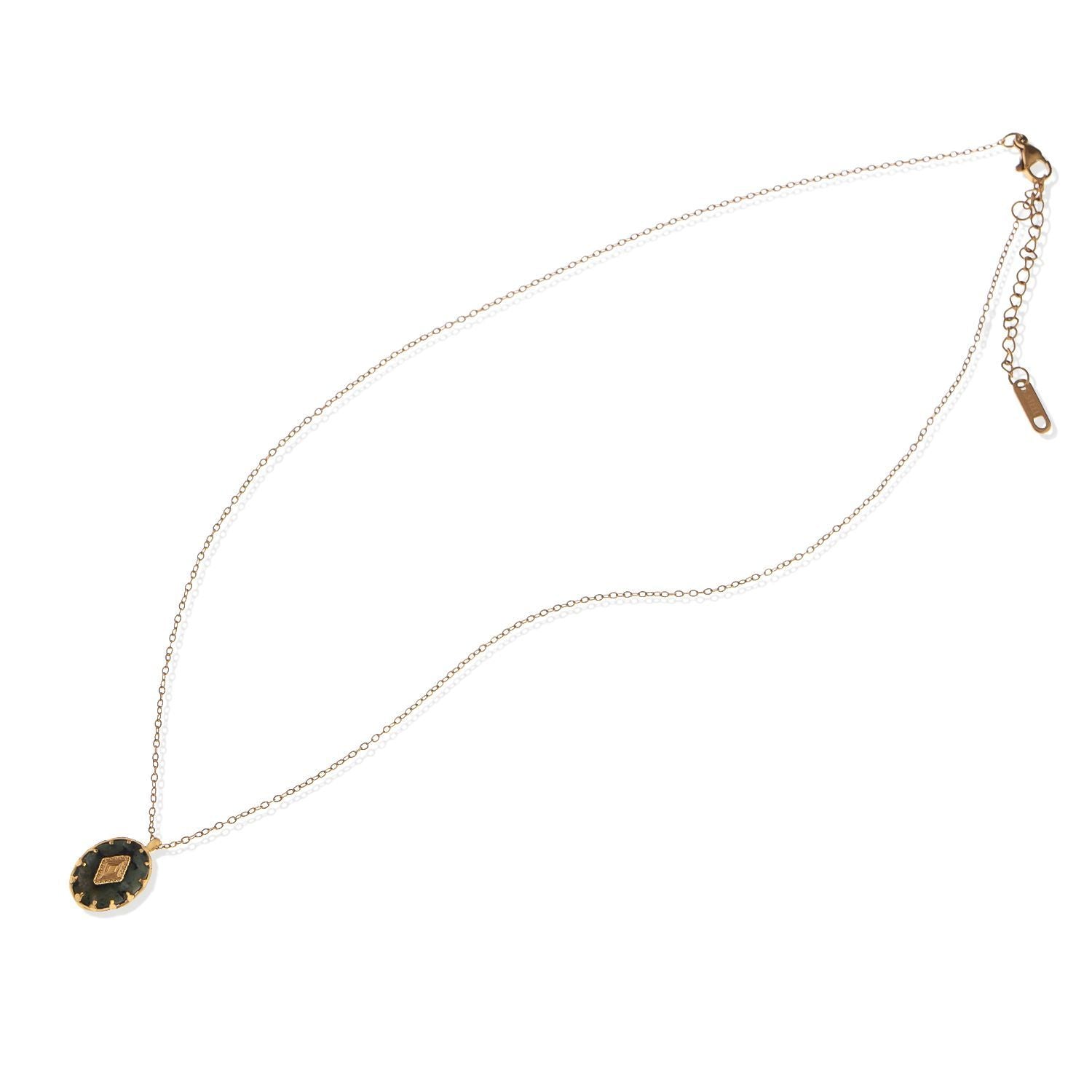 Women's Stainless Steel Fashion Necklace with 18K Gold Plated Pendant, Natural Green Stone Inlay, Adjustable Chain, Unique Design
