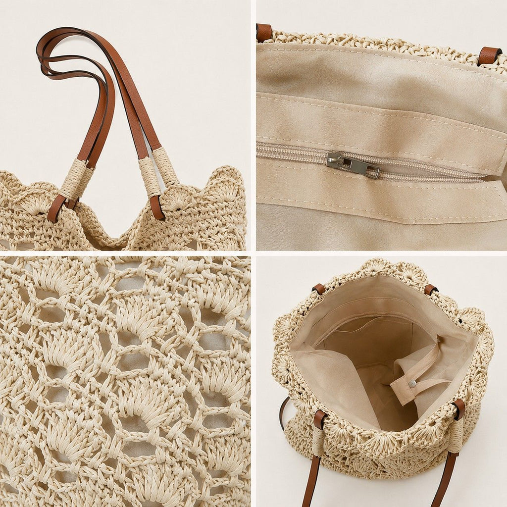 Crochet Woven Shoulder Bag with Zip Closure and Scalloped Bucket Shape