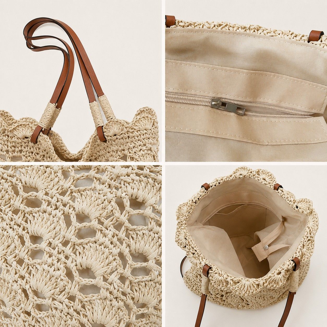 Crochet Woven Shoulder Bag with Zip Closure and Scalloped Bucket Shape