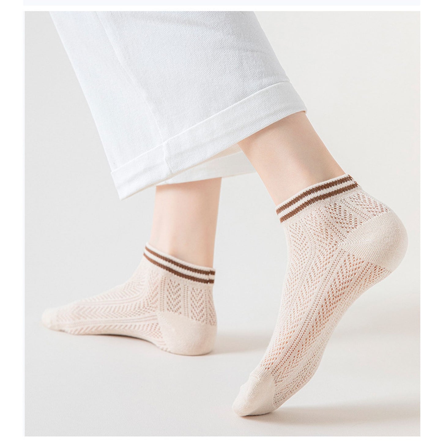 Anna-Kaci Women's 4-Pair Pack Lightweight Mesh Ankle Socks with Striped Cuffs Breathable Knit Texture