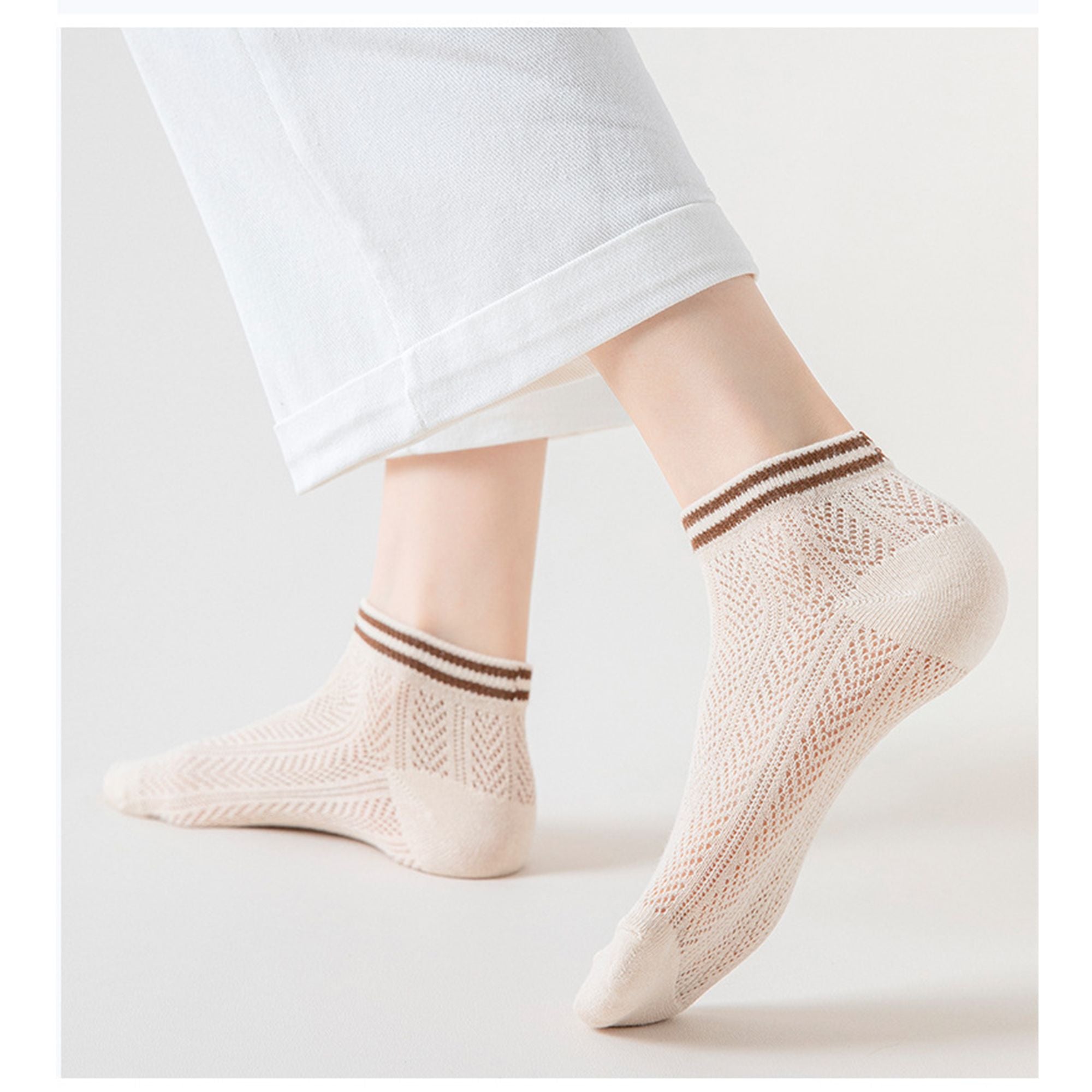 Anna-Kaci Women's 4-Pair Pack Lightweight Mesh Ankle Socks with Striped Cuffs Breathable Knit Texture