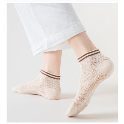 Anna-Kaci Women's 4-Pair Pack Lightweight Mesh Ankle Socks with Striped Cuffs Breathable Knit Texture