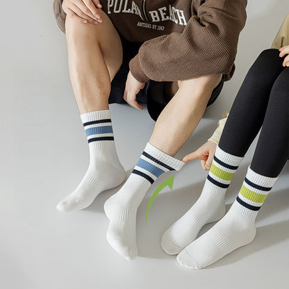 Anna-Kaci Crew Socks 4-Pack White Base Colorful Ribbed Cuff Striped Design Stretch Comfort Breathable Fit