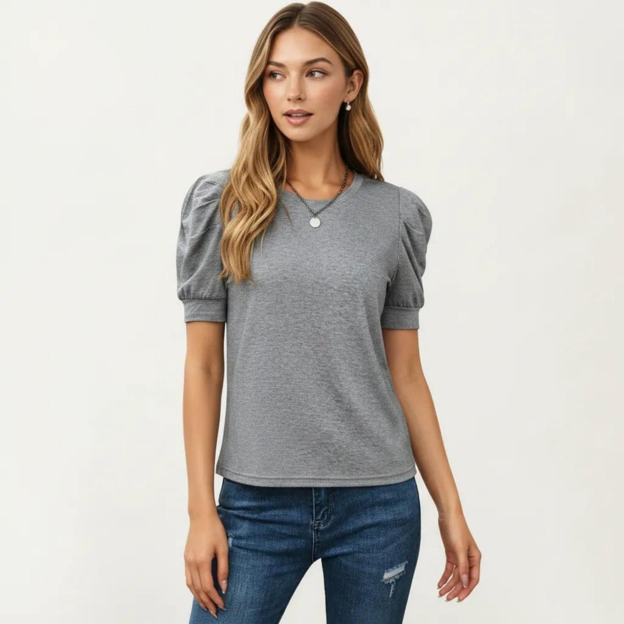 Anna-Kaci Women's Short Sleeve Puff Sleeve Knit Top with Crew Neck and Soft Textured Fabric