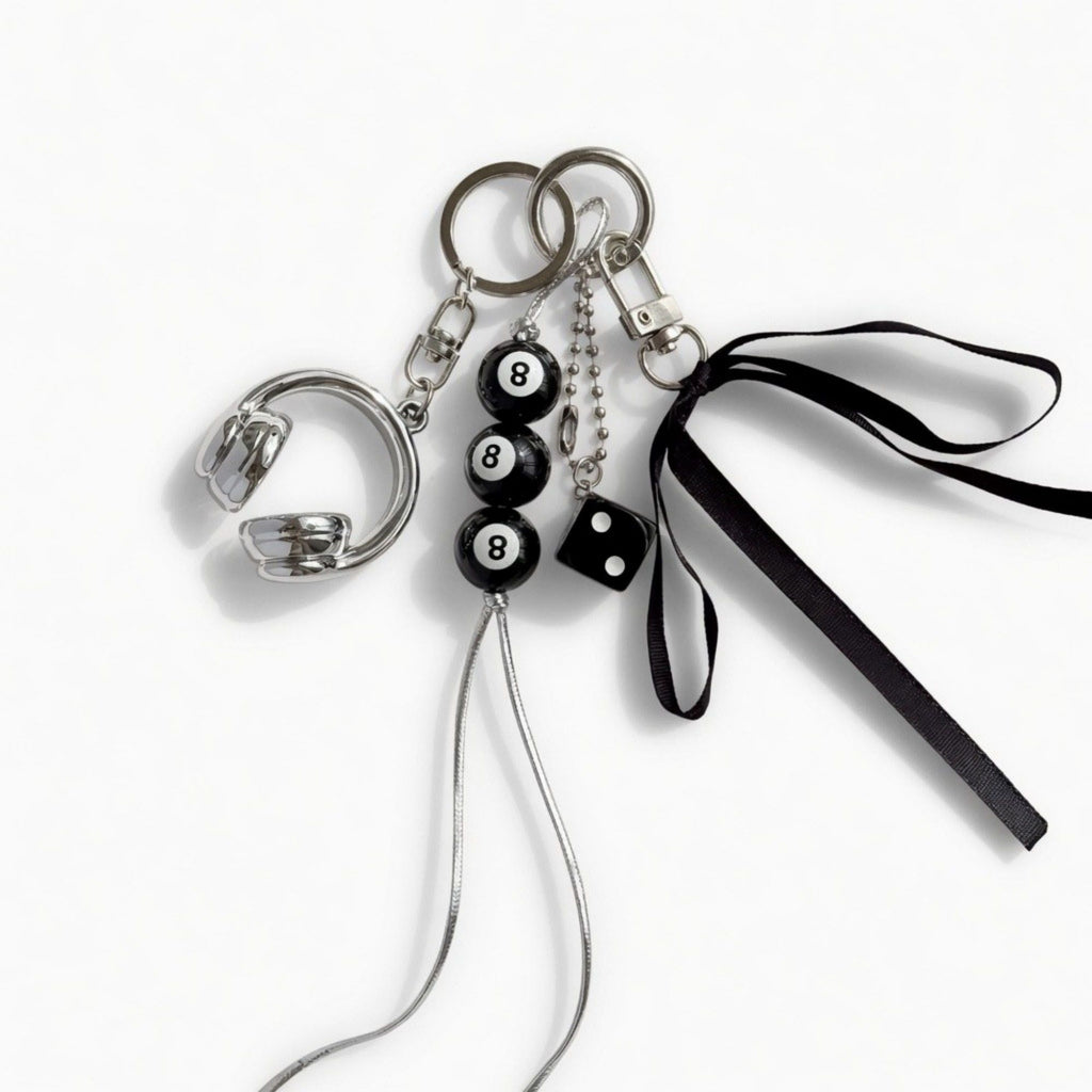 8 Ball Dice Charm Keychain with Headphone Pendant Ribbon Tassel Bag Charm Key Ring Accessory