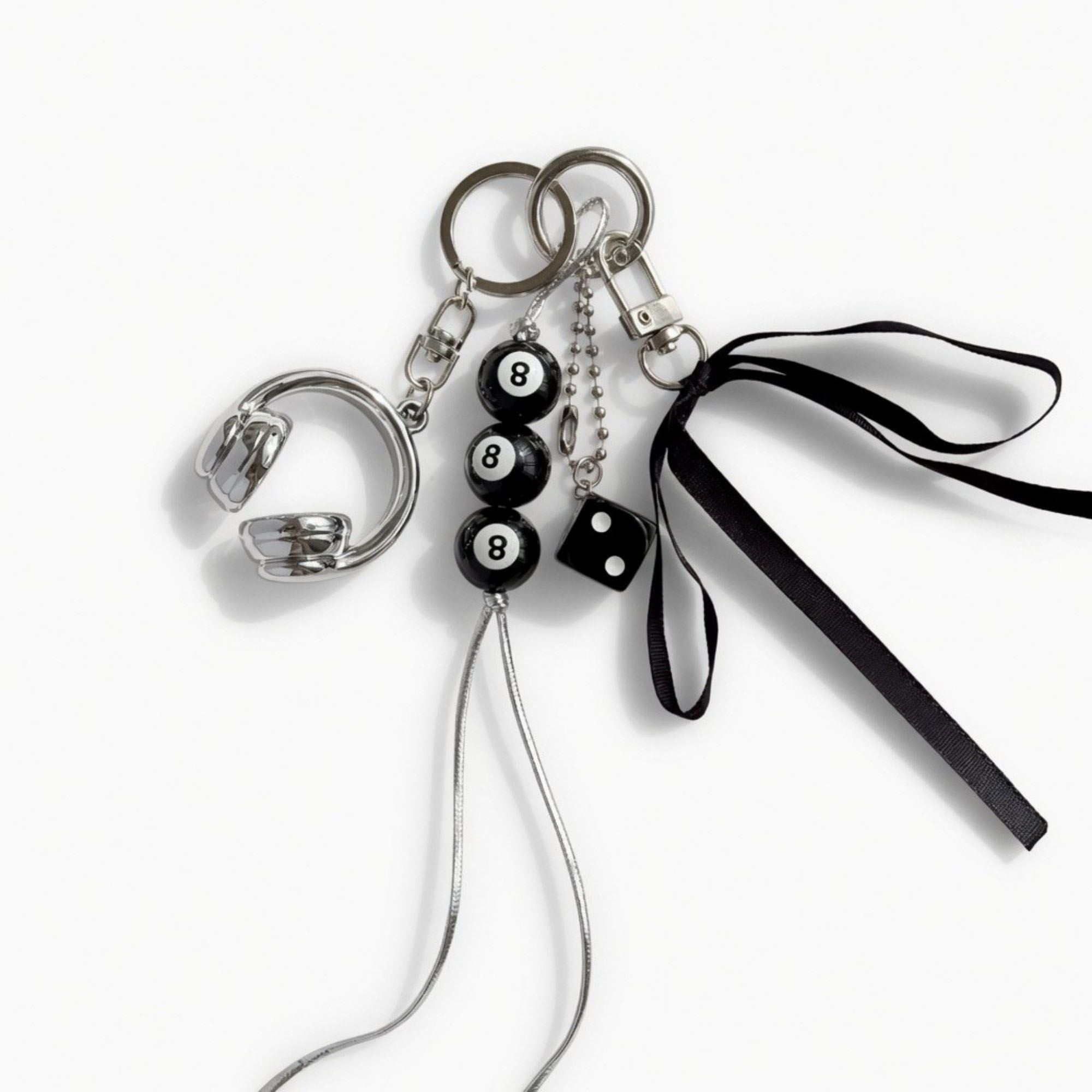 8 Ball Dice Charm Keychain with Headphone Pendant Ribbon Tassel Bag Charm Key Ring Accessory