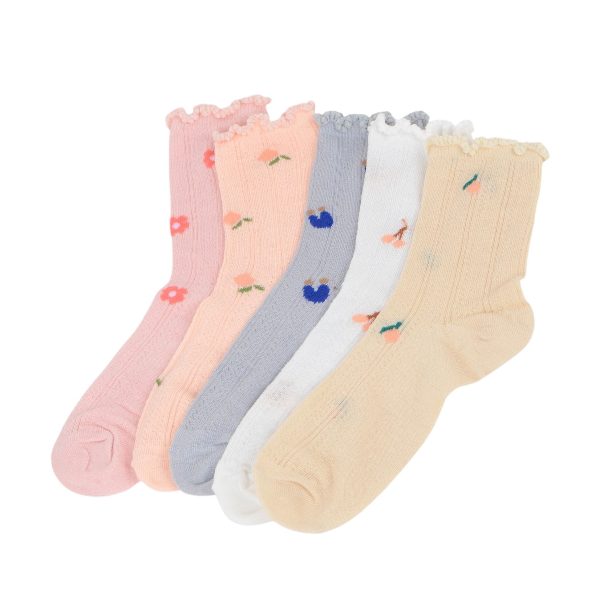 Anna-Kaci Women's 5-Pair Set Ruffle Ankle Socks with Floral Embroidery and Breathable Knit Design for Flats or Mary Janes