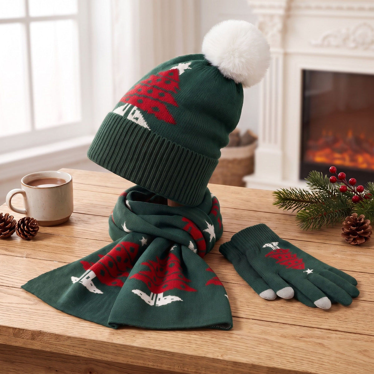 3 Piece Christmas Tree Beanie Scarf and Touchscreen Gloves Set