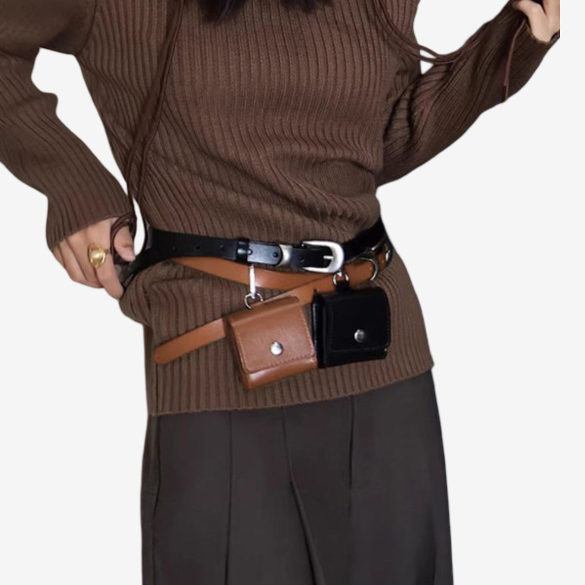 Genuine Leather Belt with Detachable Mini Pouch and Silver Tone Buckle 41.3in