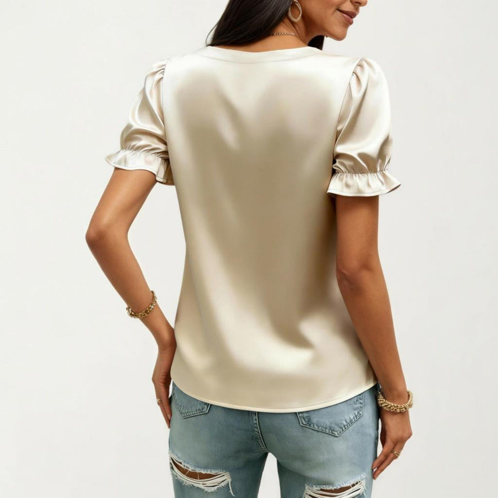 Anna-Kaci Women's Satin Faux Pearl Neck Top with Puff Sleeves and Smooth Draped Finish