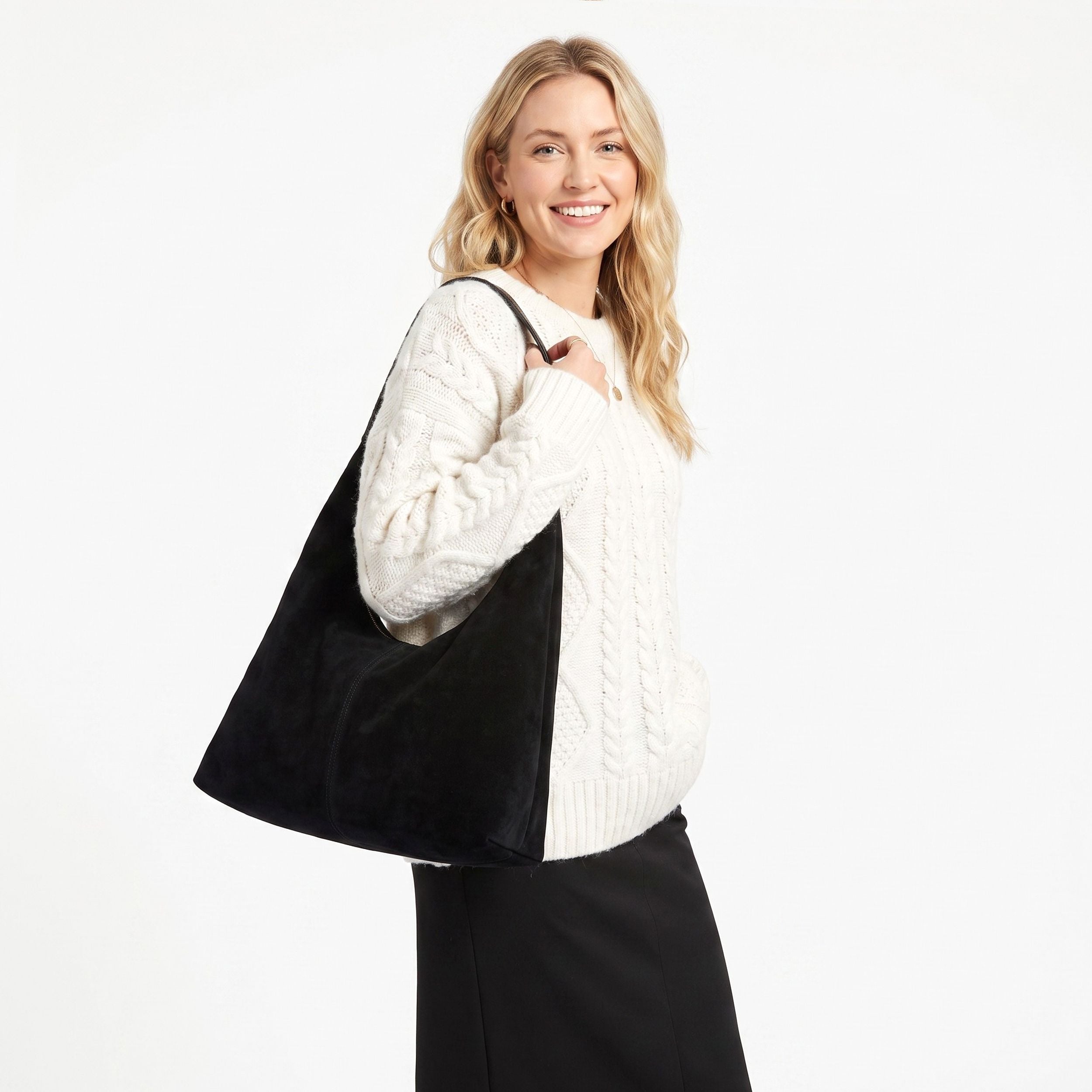 Slouchy Faux Suede Hobo Shoulder Bag with Zip Closure and Wide Strap