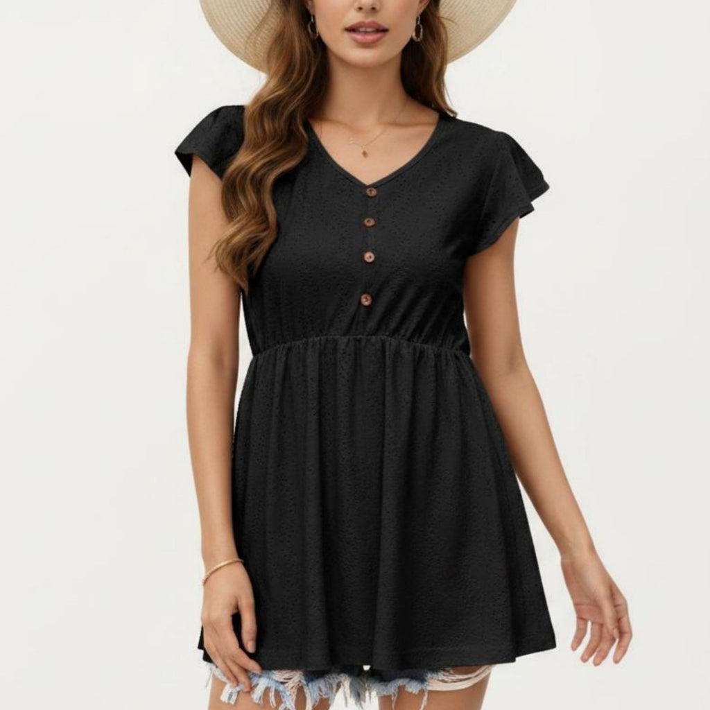 Anna-Kaci Women's Eyelet Babydoll Top with V-Neckline Button Front and Flutter Sleeves