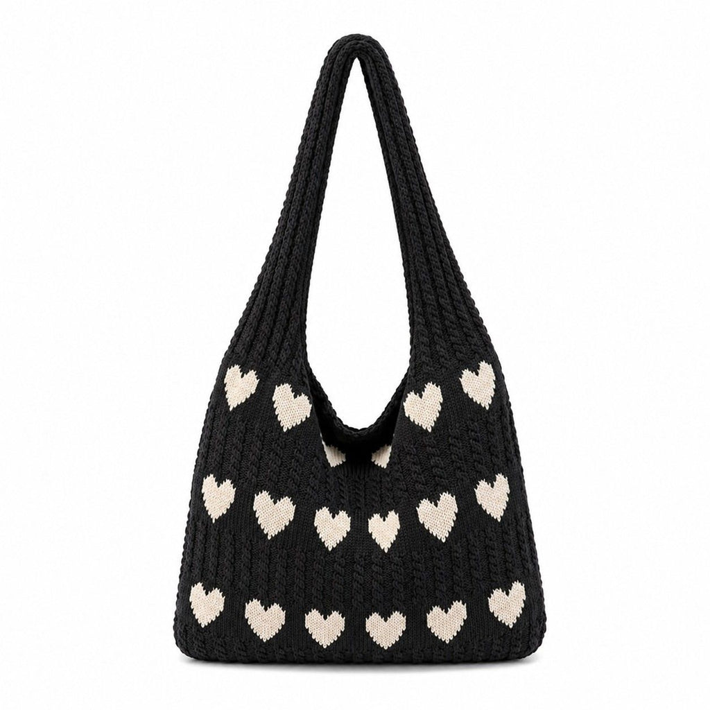 Knitted Heart Tote Bag Large Capacity Casual Shoulder Bag Lightweight Daily Bag