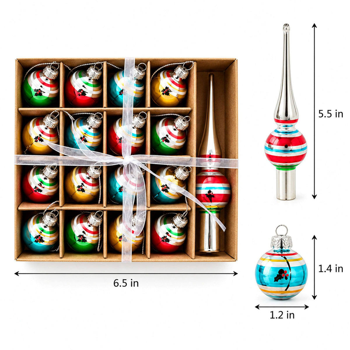 17 Piece Mini Christmas Ball Ornaments and Tree Topper Set Gift