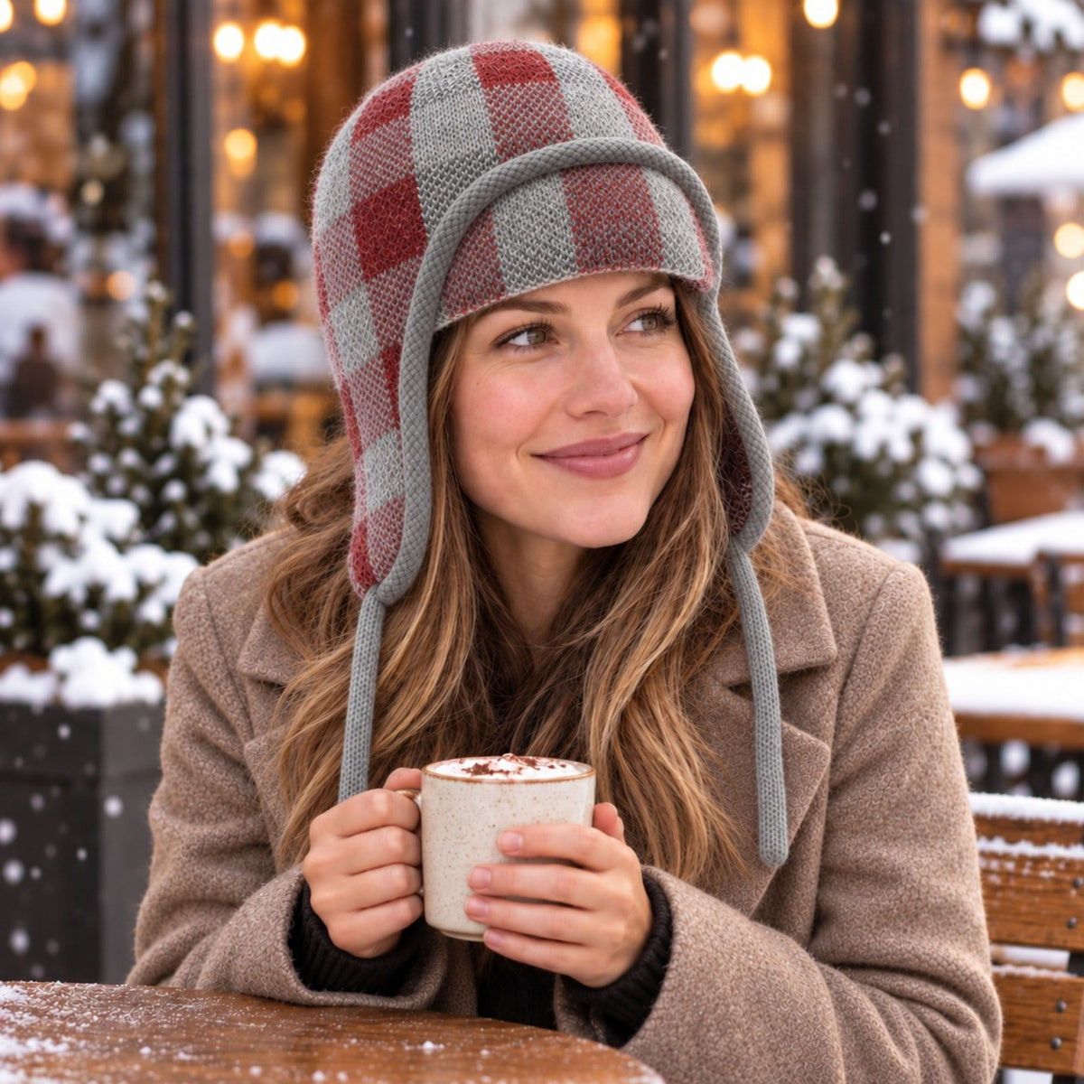 Plaid Ear Flap Knit Beanie Winter Thermal Trapper Hat
