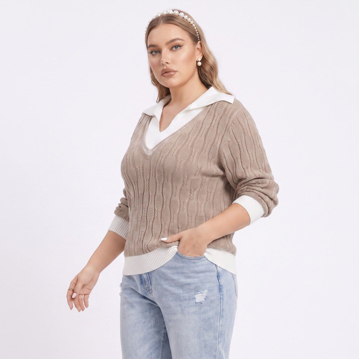 Plus Size Cable Knit Contrast Collar V-Neck Sweater