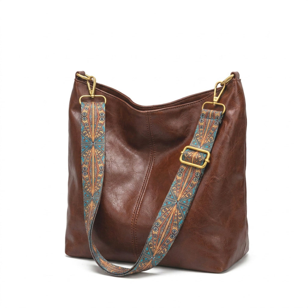 Faux Leather Hobo Shoulder Bag with Adjustable Wide Strap and Zipper Pockets