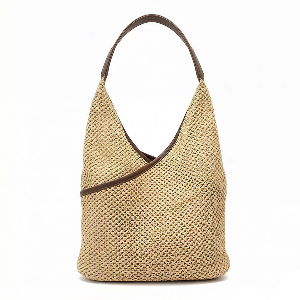 Woven Shoulder Hobo Bag with Faux Leather Trim Soft Knit Slouchy Handbag Casual Everyday Tote