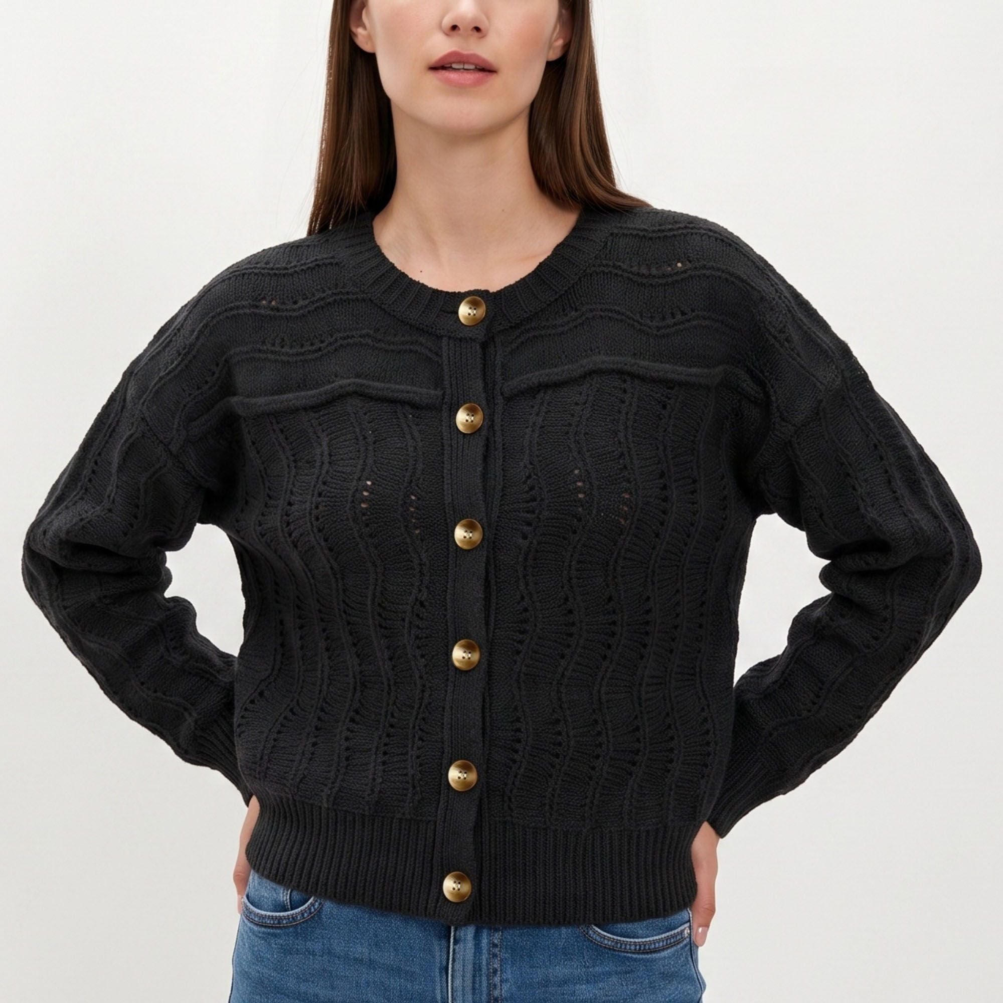 Wavy Pointelle Button-Front Long Sleeve Knit Cardigan