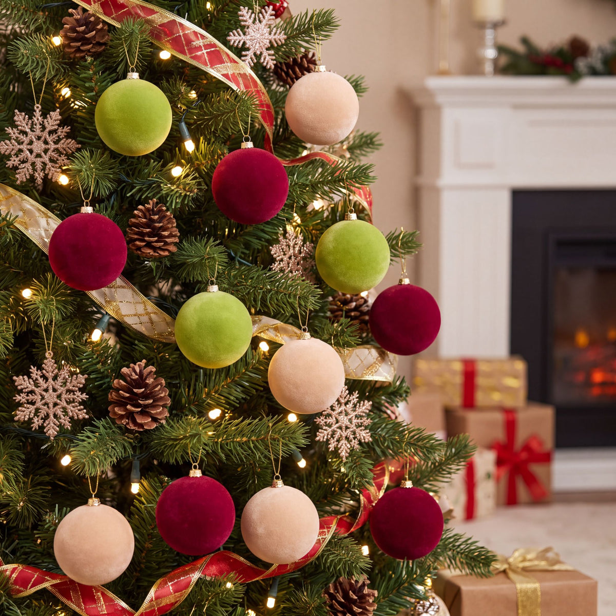 12ct Flocked Christmas Ball Ornament Set Holiday Tree Decorations