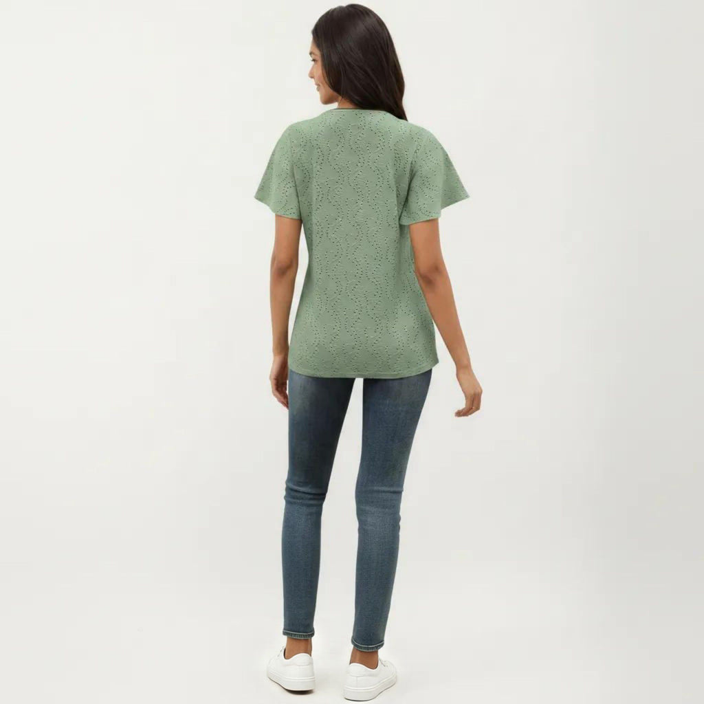 Anna-Kaci Women's Short Sleeve Eyelet V-Neck Top with Floral Embroidery and Flutter Sleeves