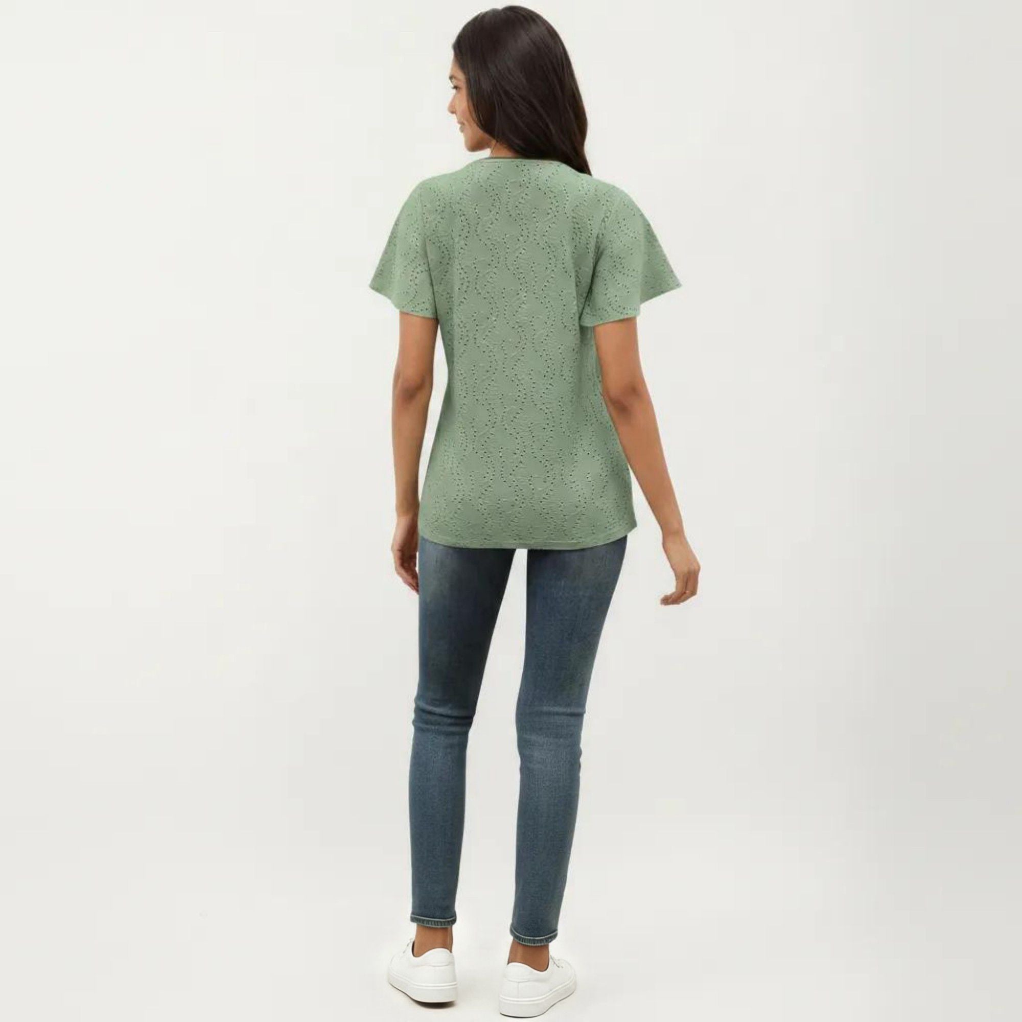 Anna-Kaci Women's Short Sleeve Eyelet V-Neck Top with Floral Embroidery and Flutter Sleeves