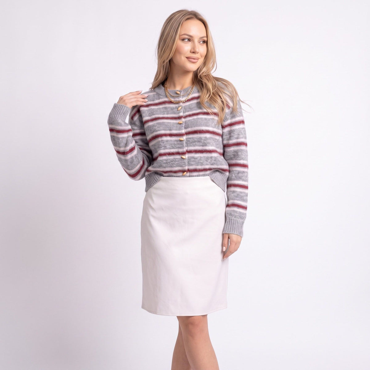 Striped Crewneck Button-Front Cardigan Sweater