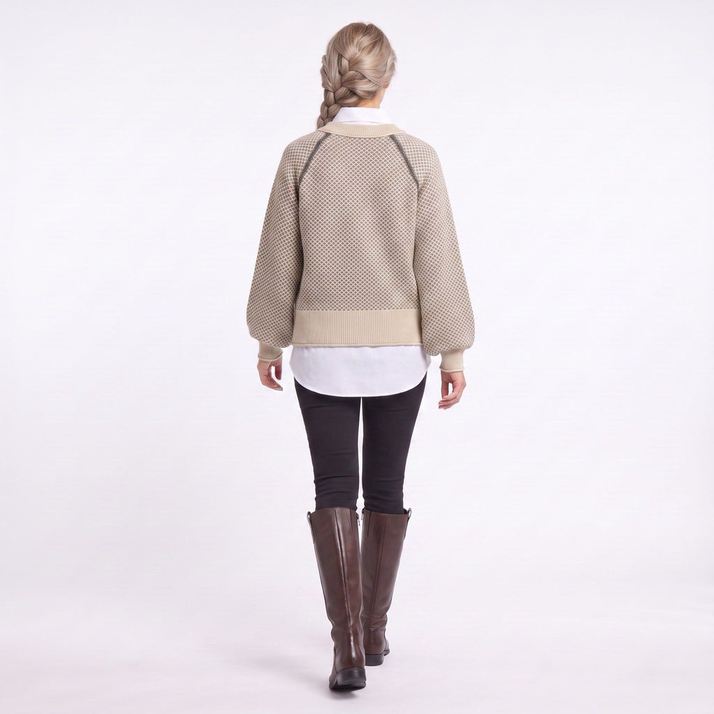 Patterned Crewneck Knit Sweater with Chain Accent