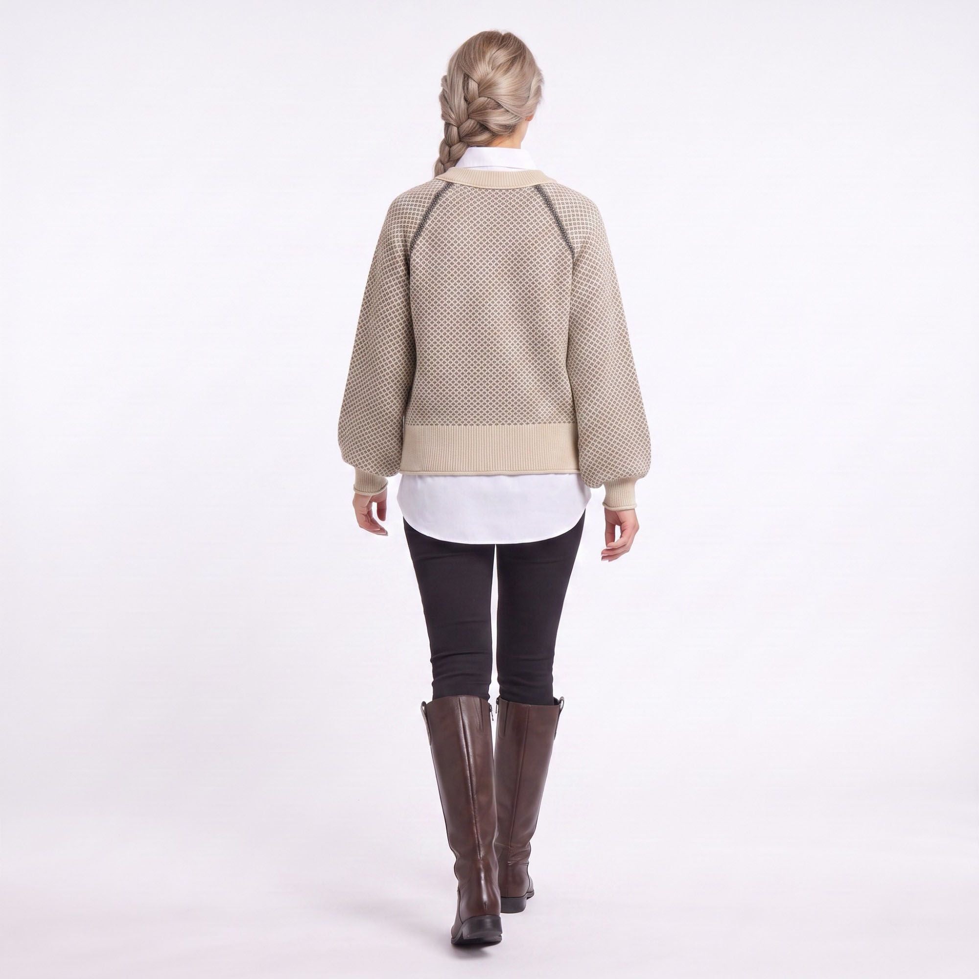 Patterned Crewneck Knit Sweater with Chain Accent