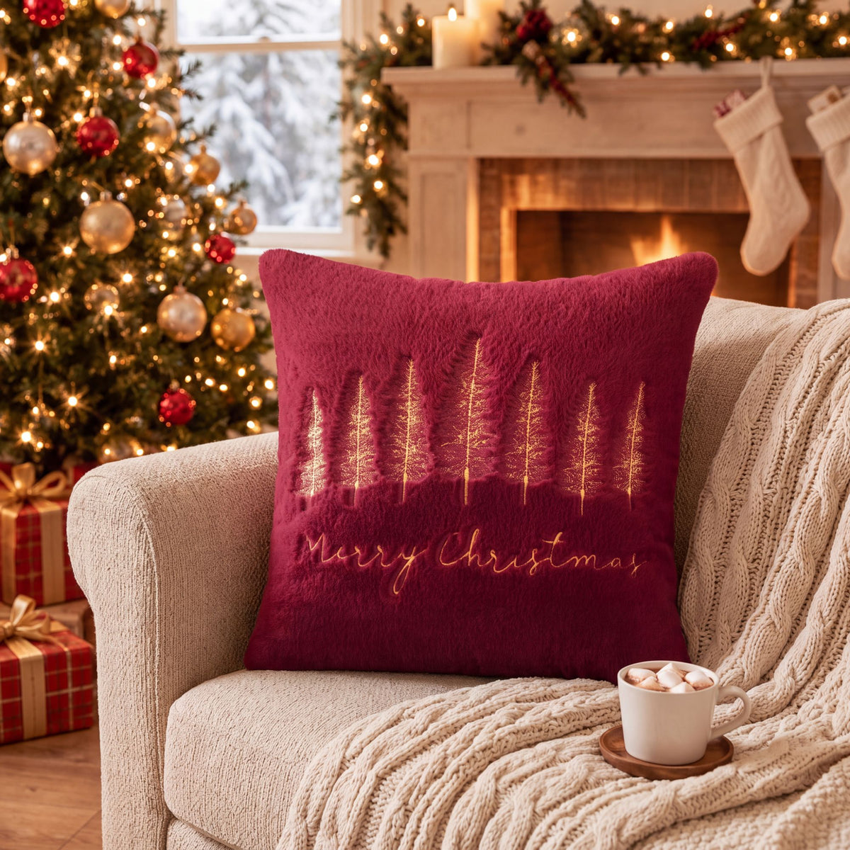 Christmas Tree Embroidered Plush Throw Pillow Cover Merry Christmas Decor