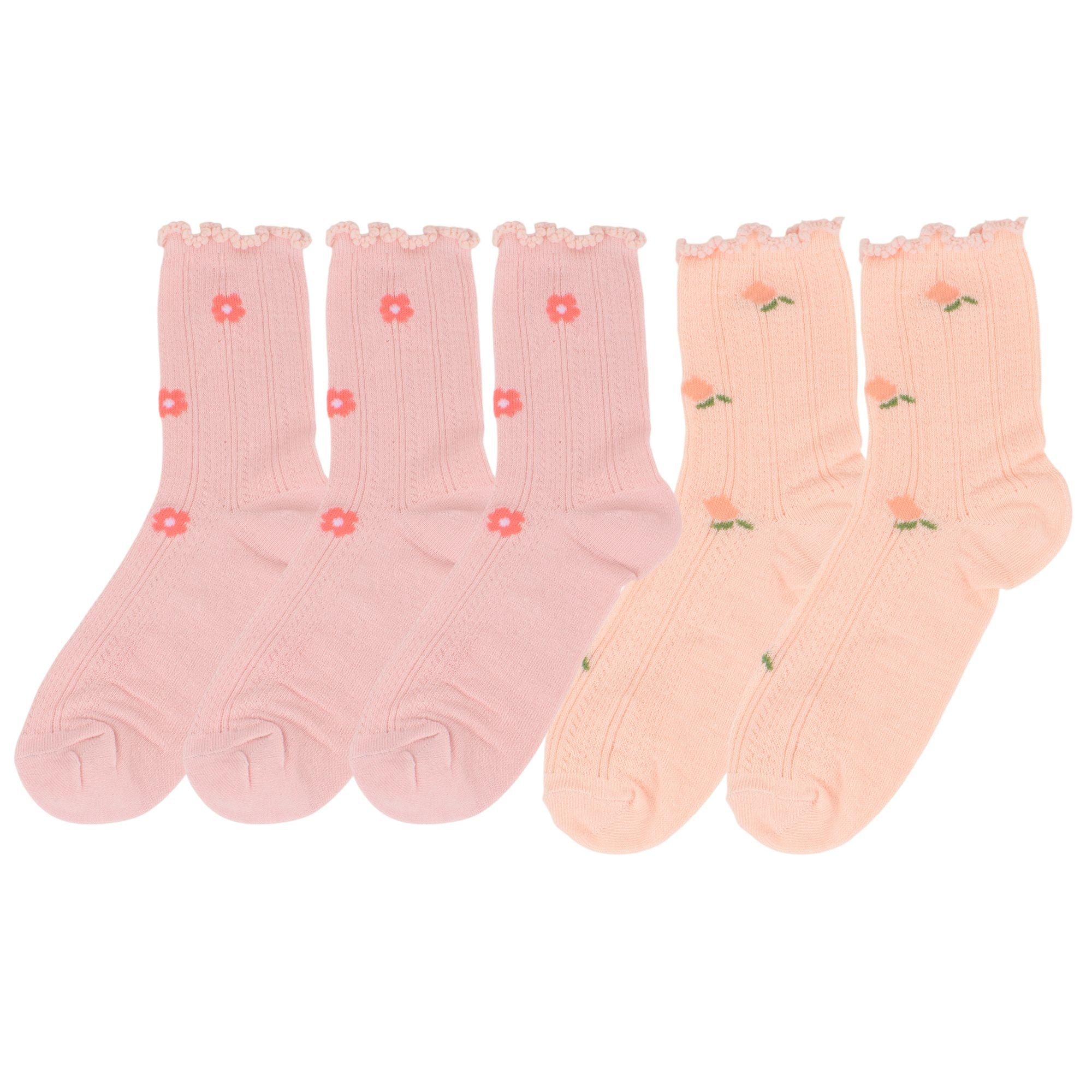 Anna-Kaci Women's 5-Pair Set Ruffle Ankle Socks with Floral Embroidery and Breathable Knit Design for Flats or Mary Janes