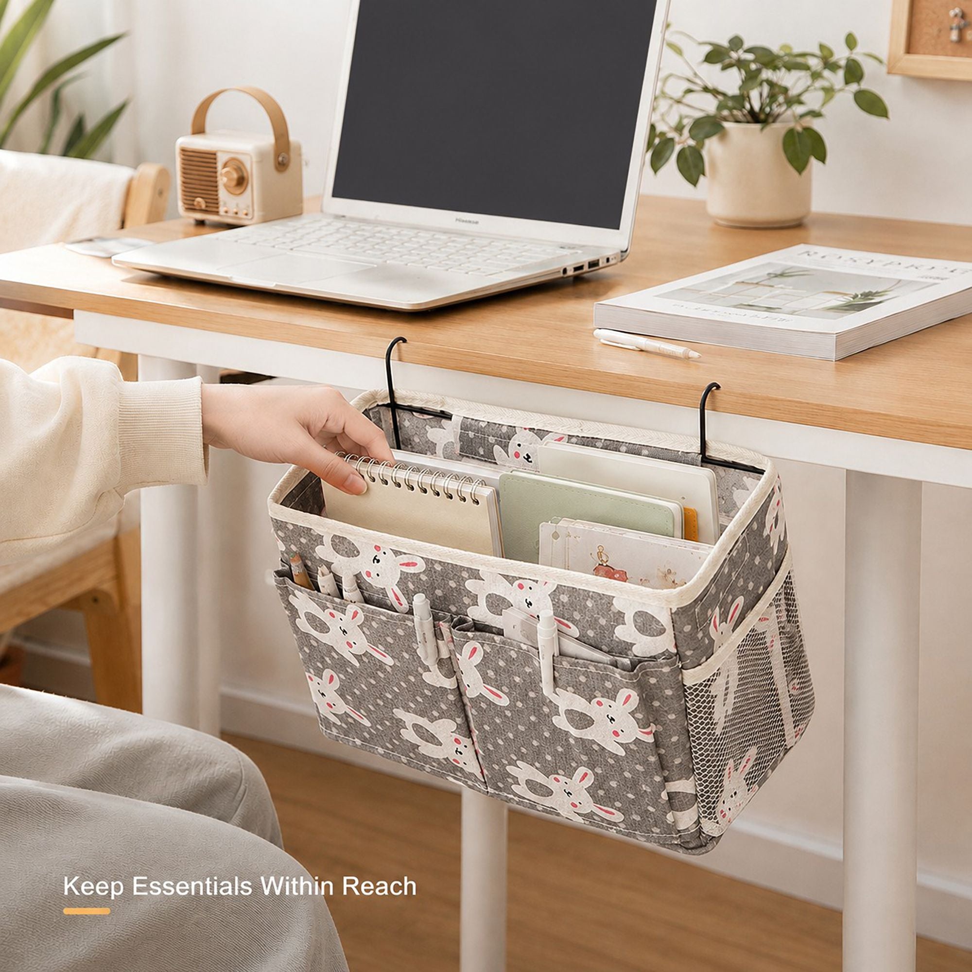 Hanging Bedside Storage Caddy Bunny Print Organizer with Hooks and Multiple Pockets