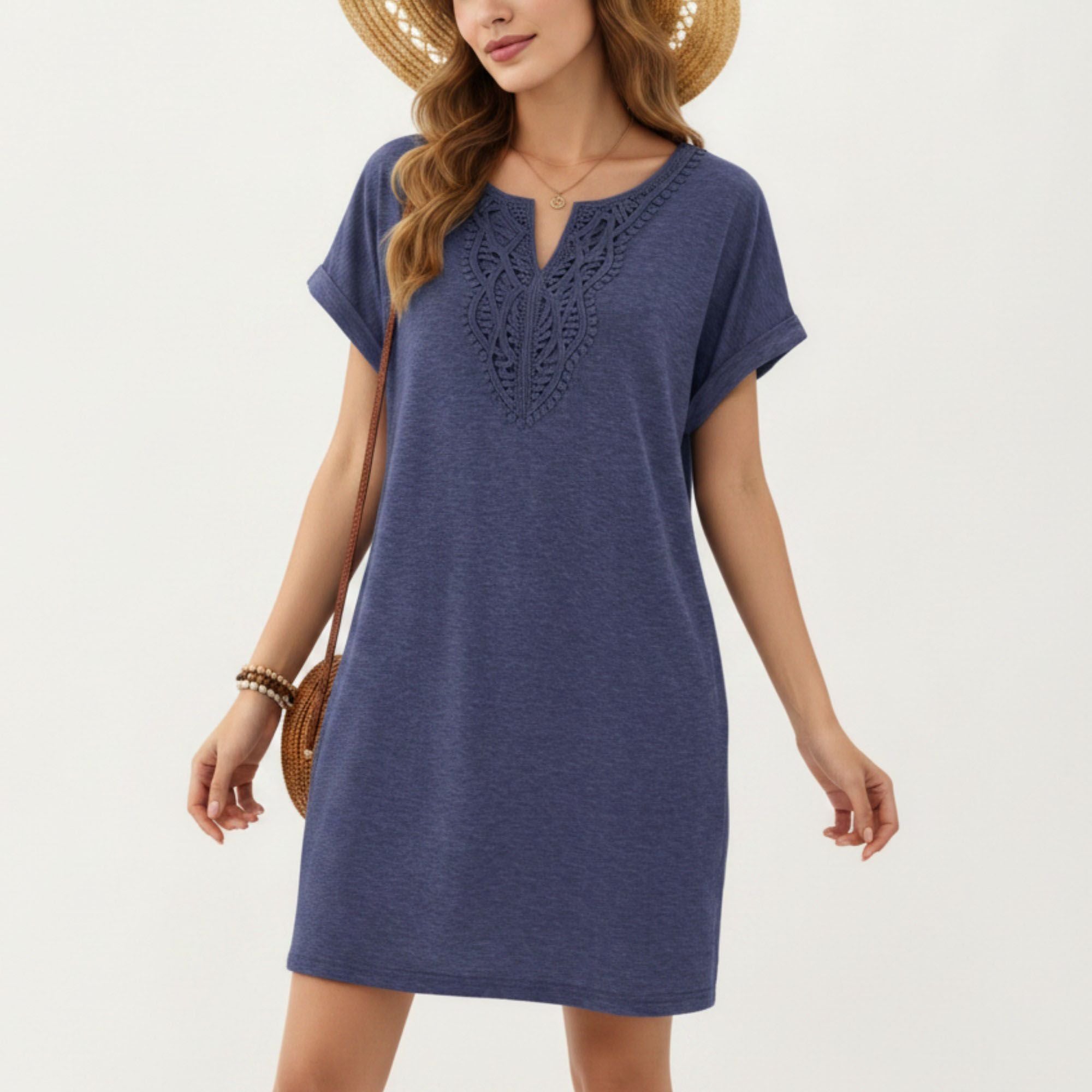 Anna-Kaci Women's Short Sleeve Shift Dress with Split V Neck Embroidered Detail Relaxed Fit Casual Tunic Dress