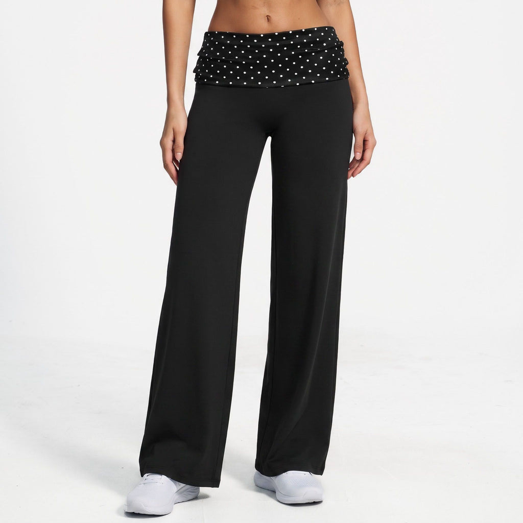 Polka Dot Foldover Waist Wide Leg Yoga Pants Full Length Flowy Workout Trousers