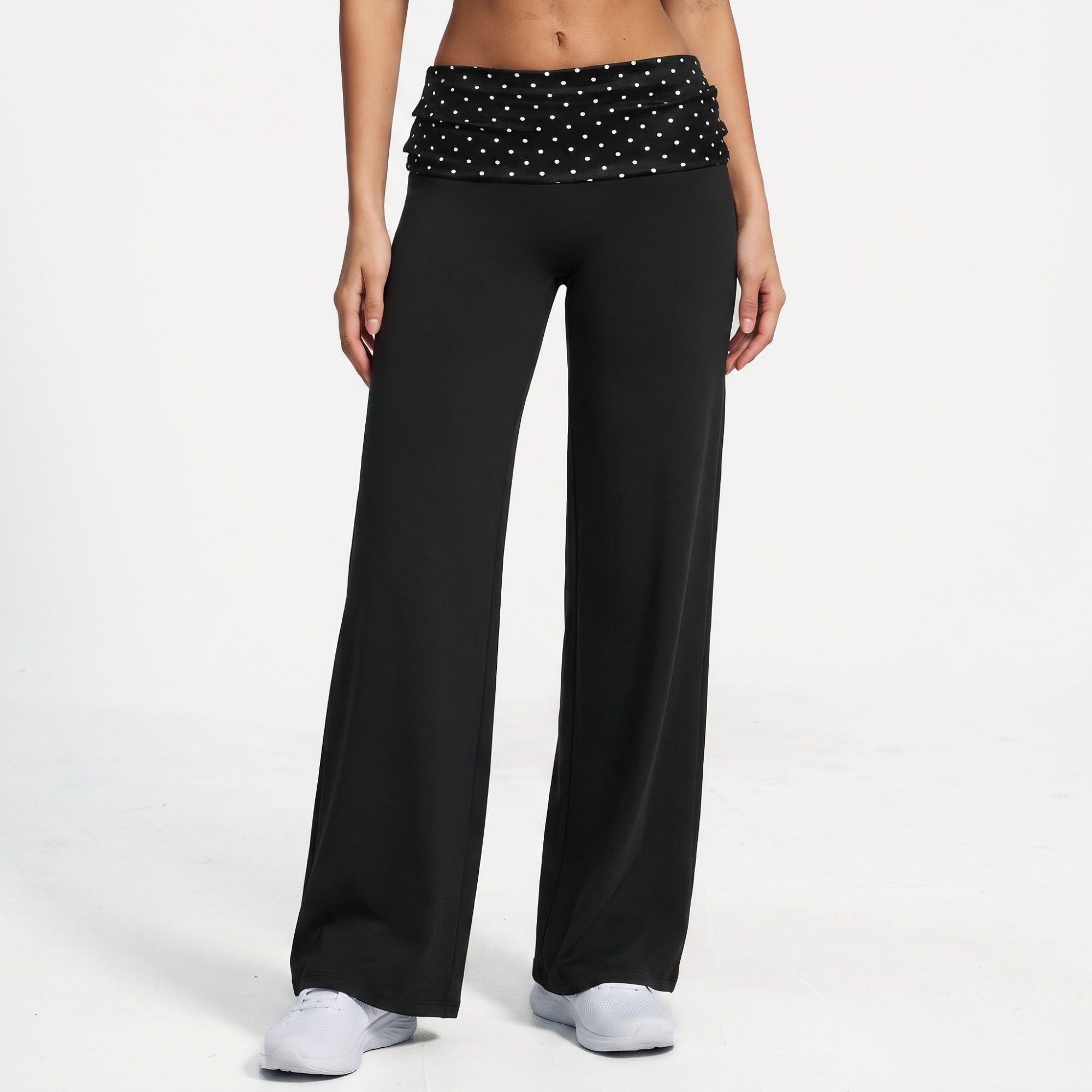Polka Dot Foldover Waist Wide Leg Yoga Pants Full Length Flowy Workout Trousers