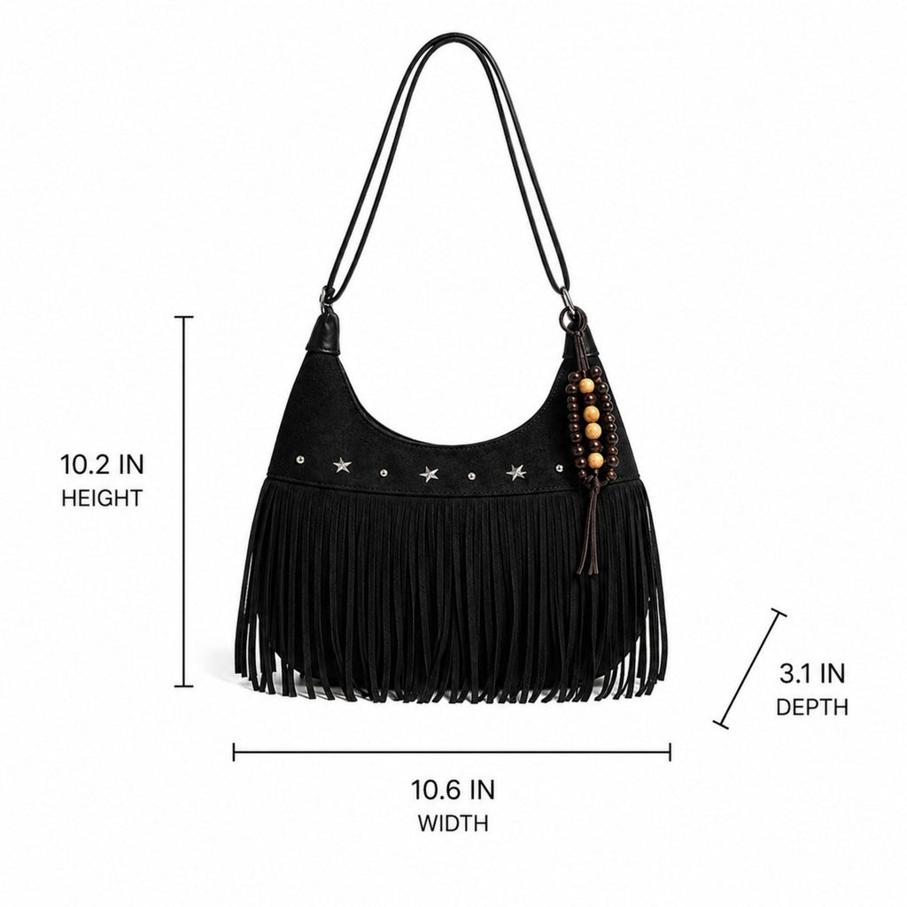 Suede-Like Fringe Hobo Shoulder Bag with Studded Star and Beaded Charm Details