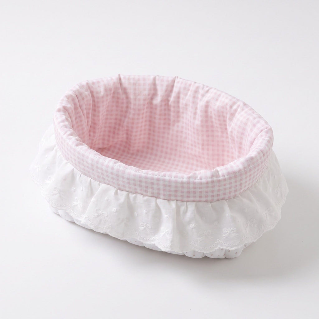 Pink Gingham Fabric Storage Basket with Lace Ruffle