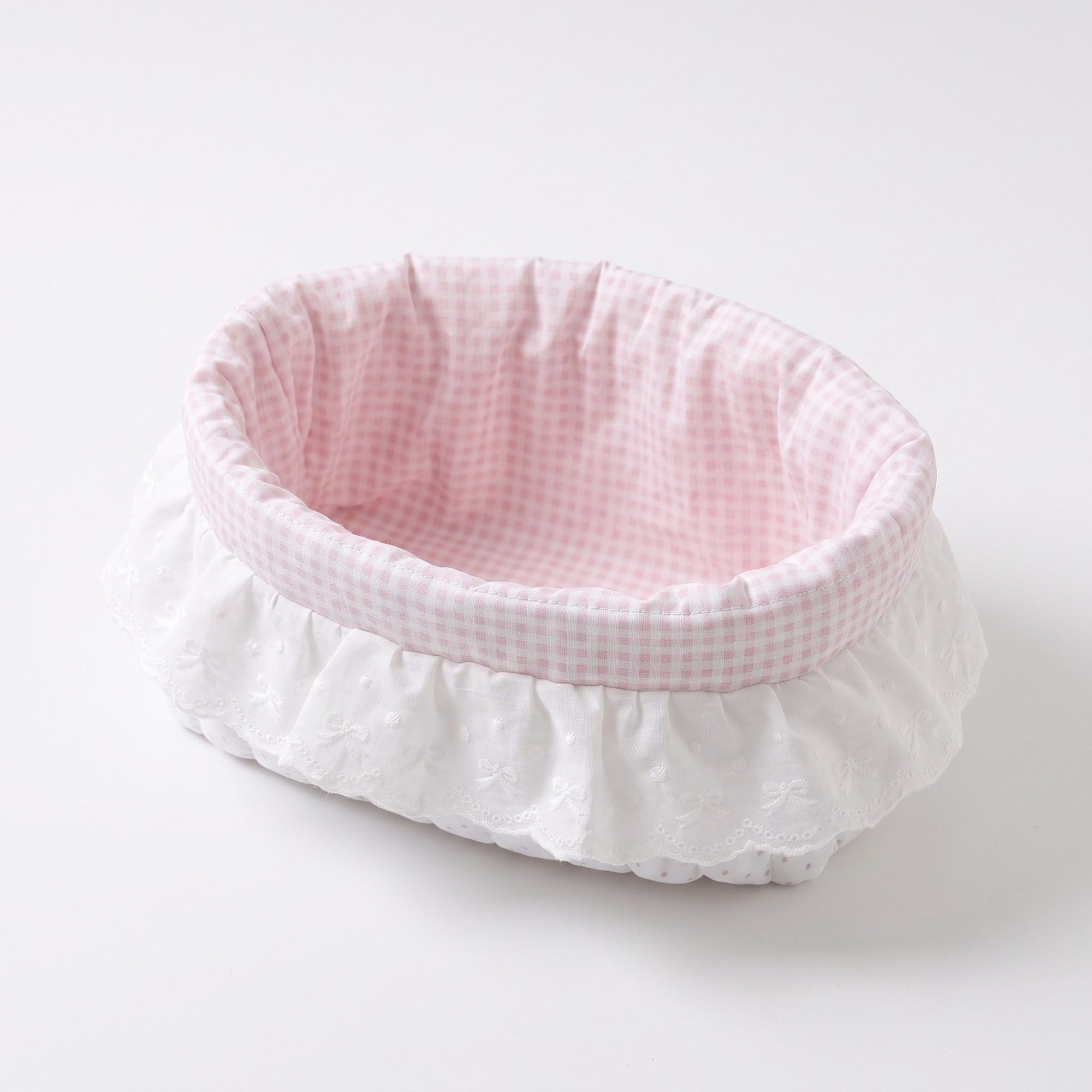 Pink Gingham Fabric Storage Basket with Lace Ruffle