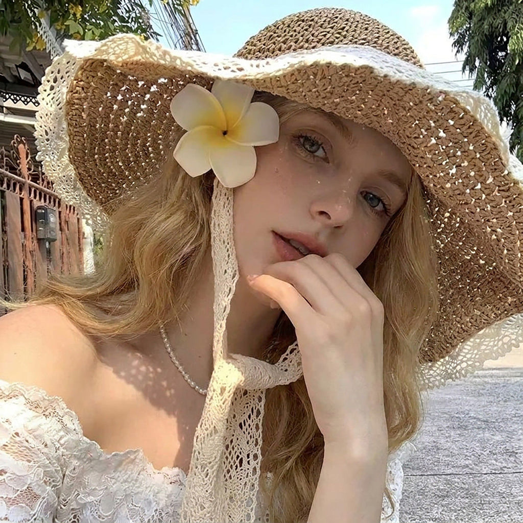 Crochet Wide Brim Sun Hat with Lace Trim Bow Accent and Wavy Brim