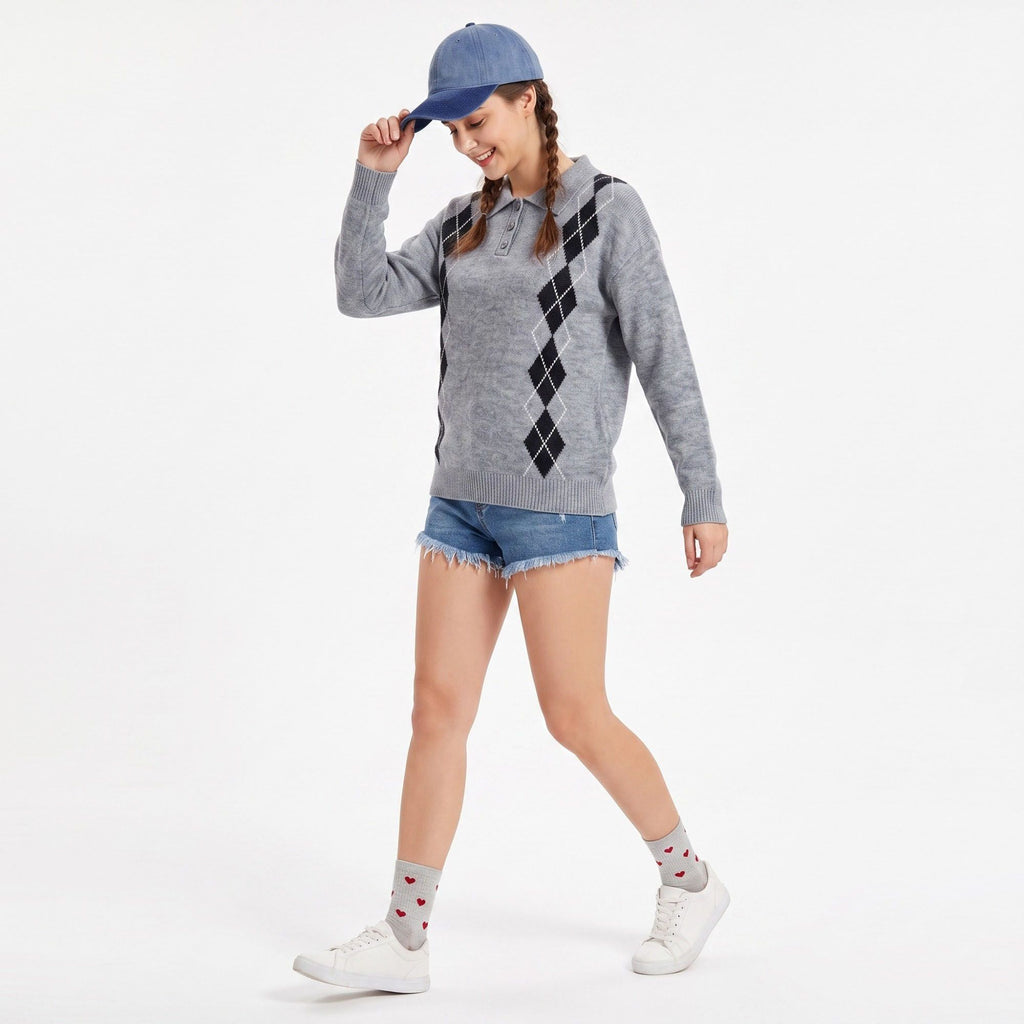 Argyle Polo Collar Button Front Long Sleeve Knit Sweater