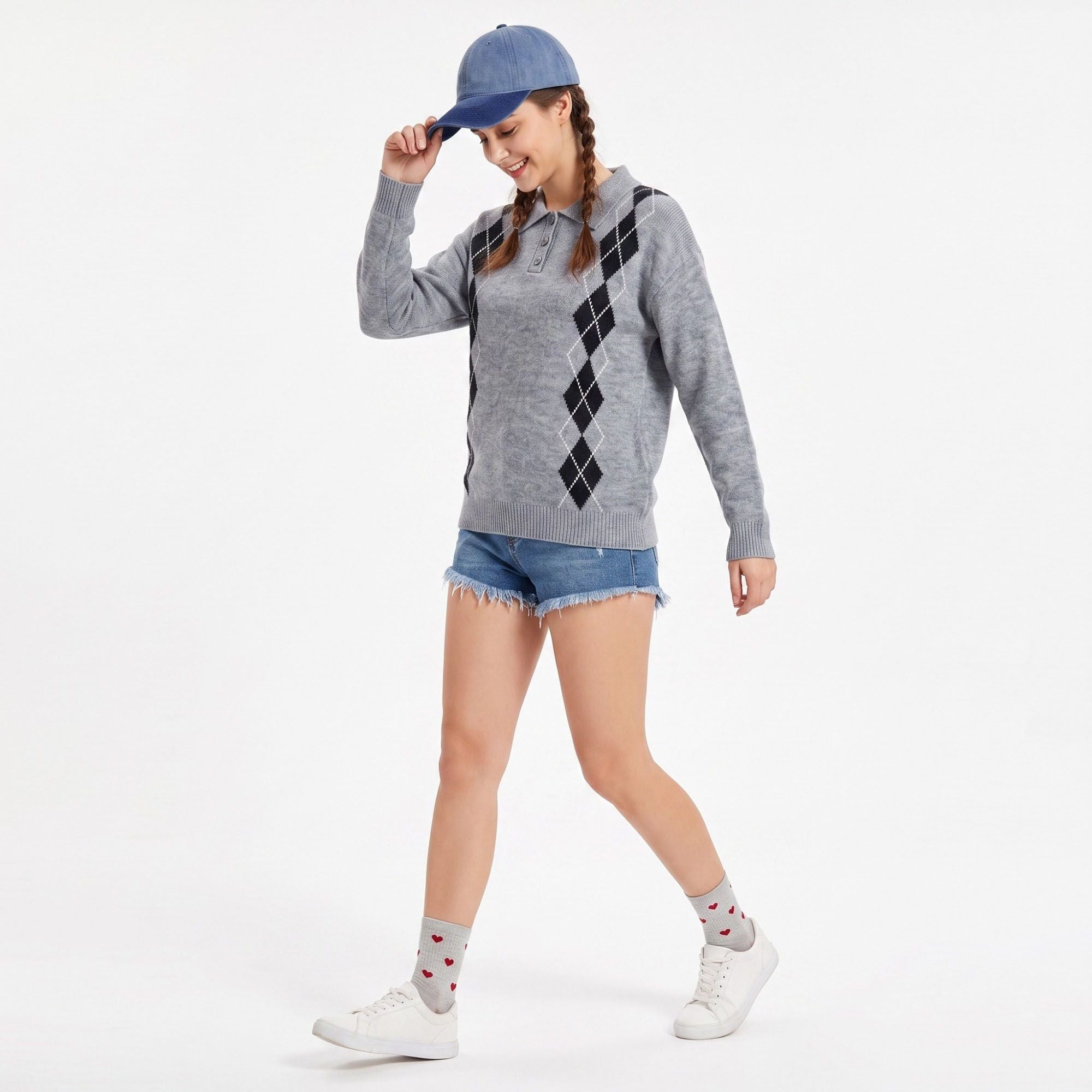 Argyle Polo Collar Button Front Long Sleeve Knit Sweater